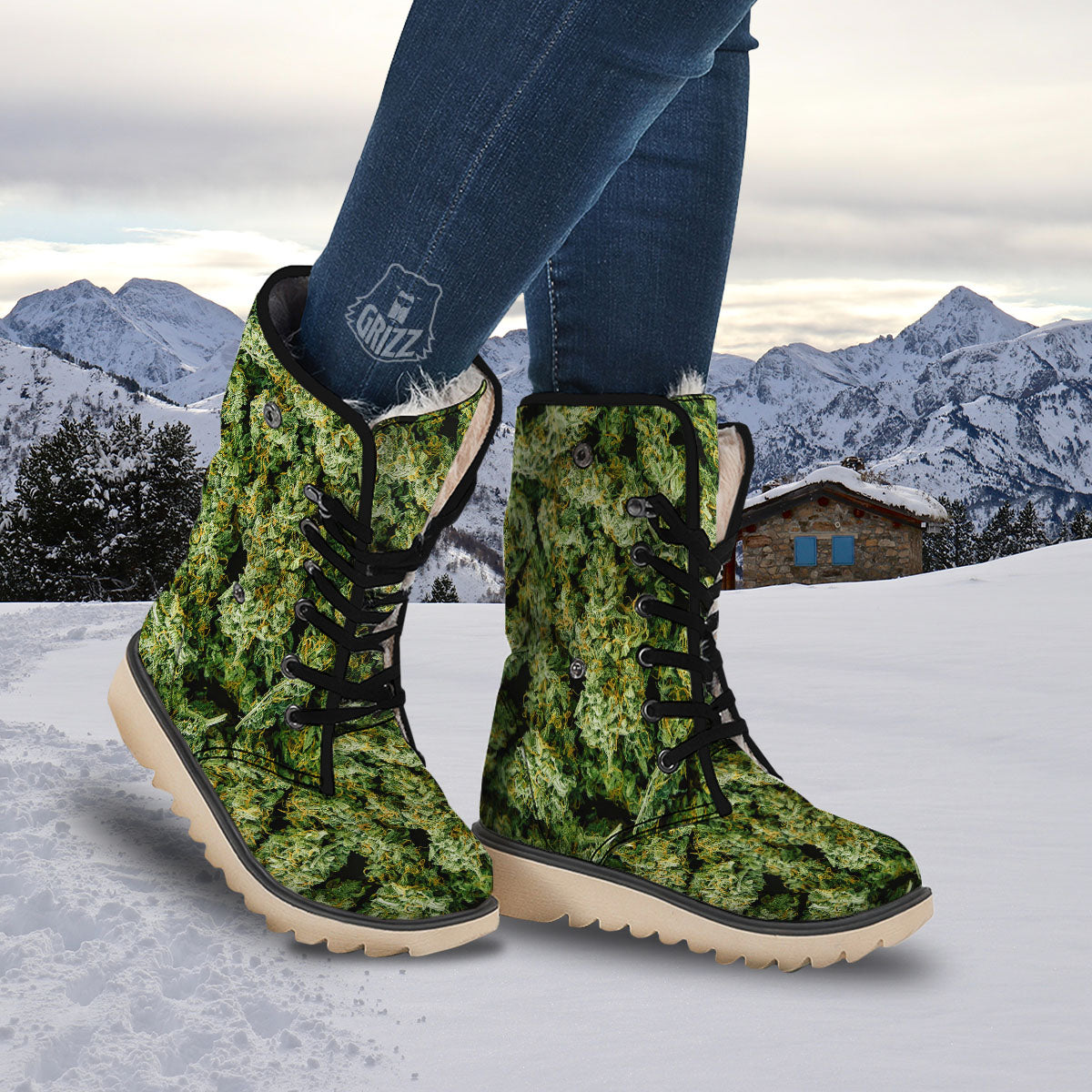 Weed Green Print Snow Boots-grizzshop