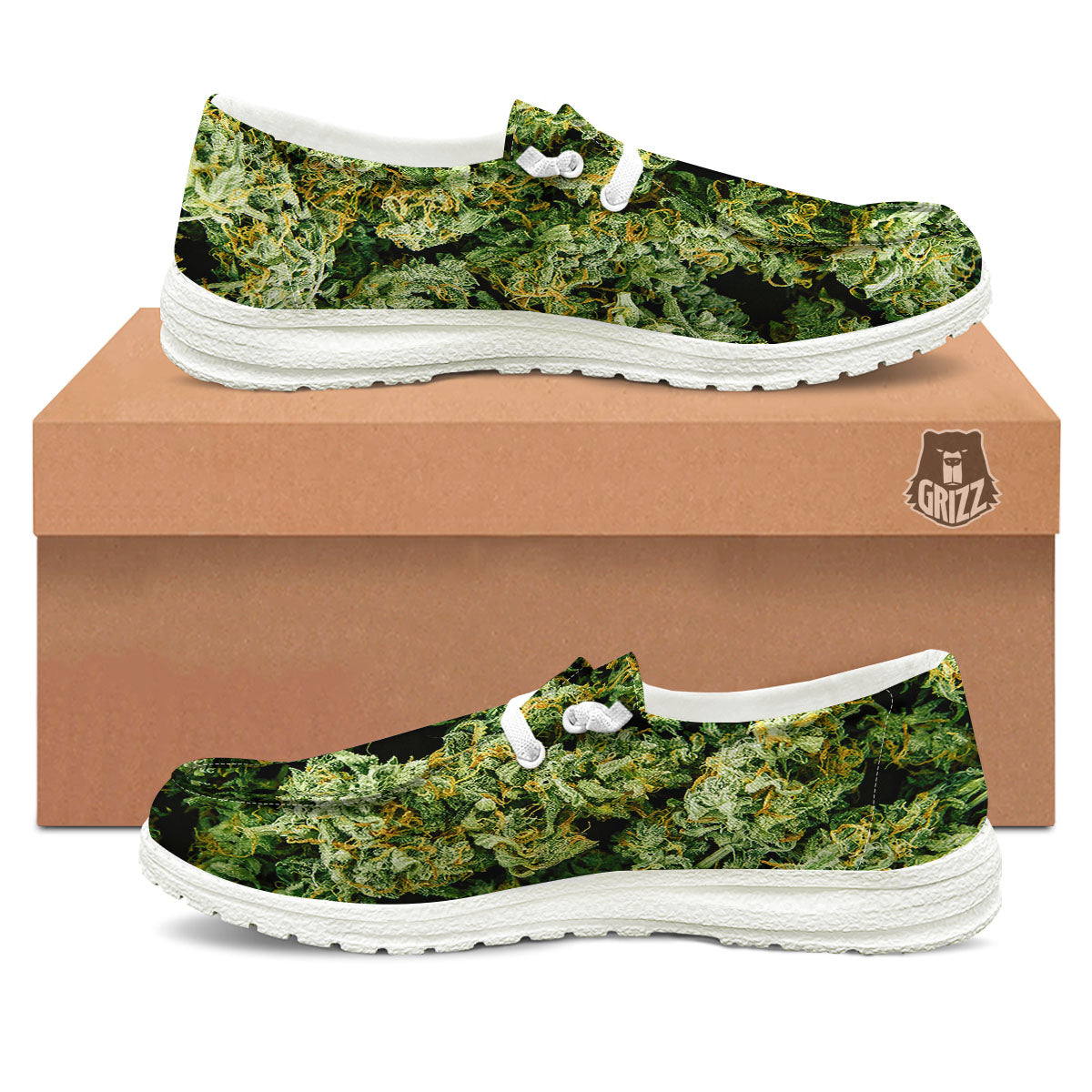 Weed Green Print White Loafers-grizzshop