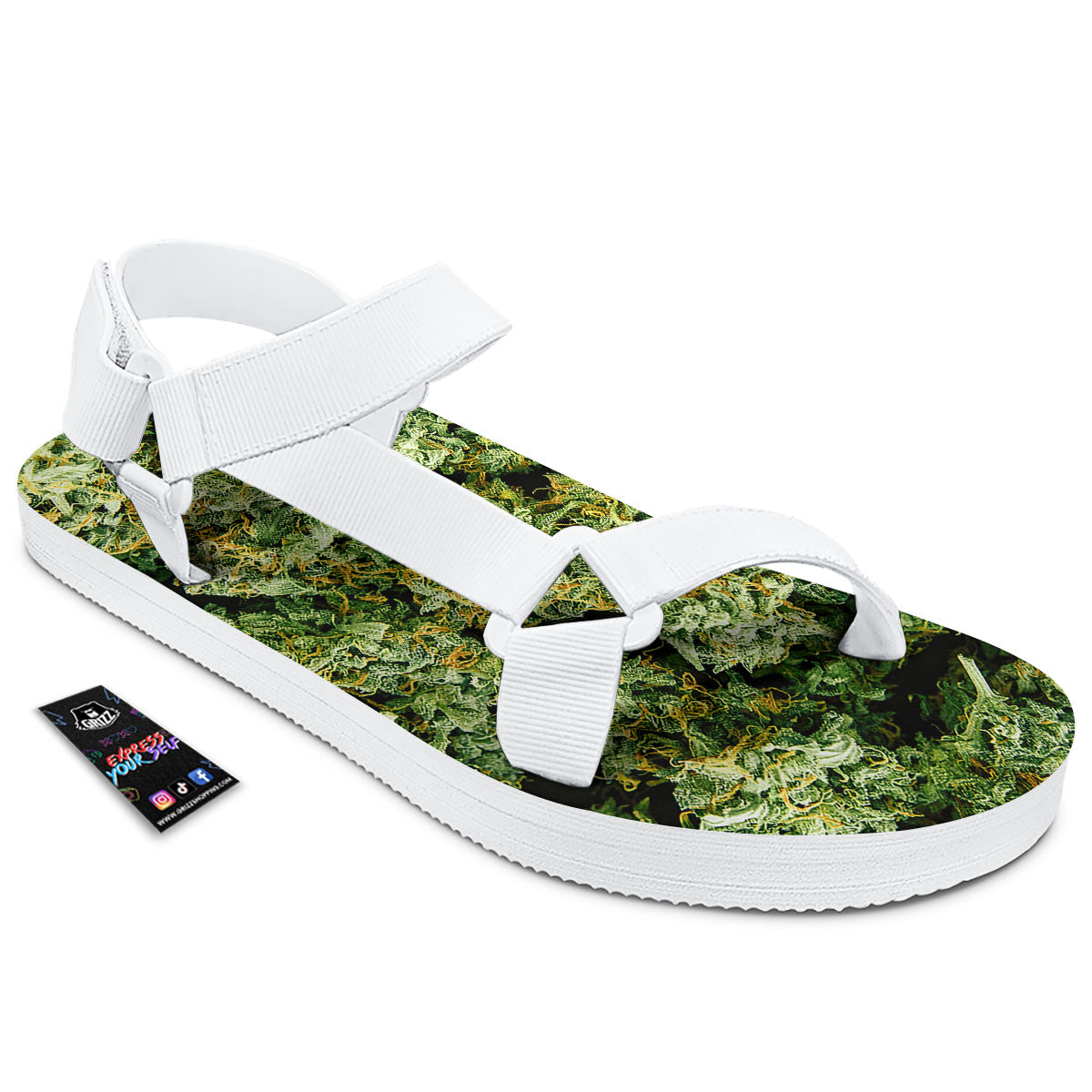Weed Green Print White Open Toe Sandals-grizzshop