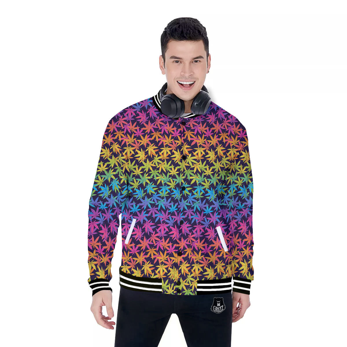 Weed Leaf Colorful Print Pattern Baseball Jacket-grizzshop
