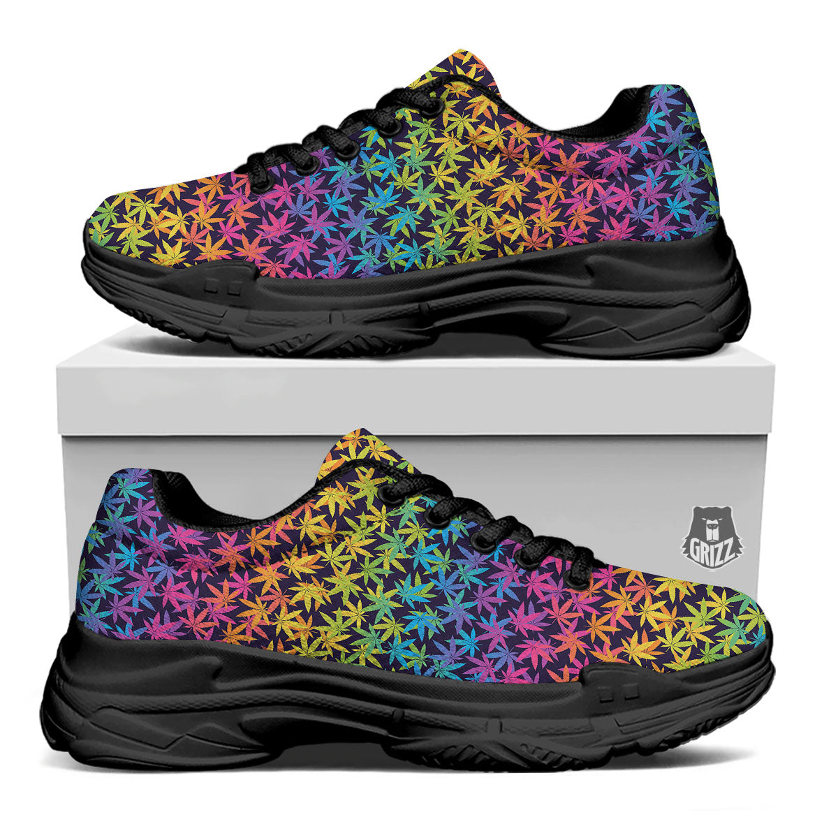 Weed Leaf Colorful Print Pattern Black Chunky Shoes-grizzshop