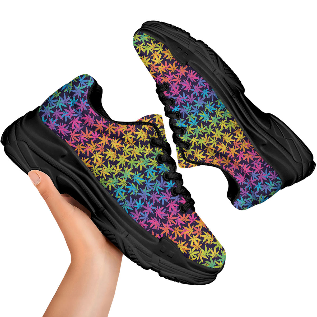 Weed Leaf Colorful Print Pattern Black Chunky Shoes-grizzshop