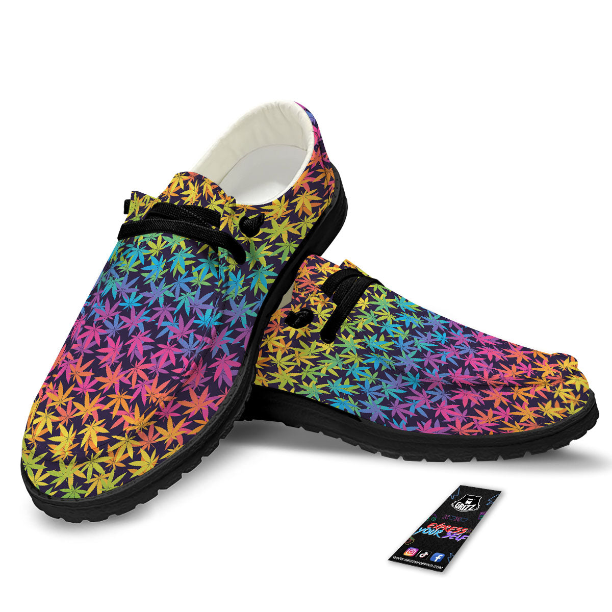 Weed Leaf Colorful Print Pattern Black Loafers-grizzshop