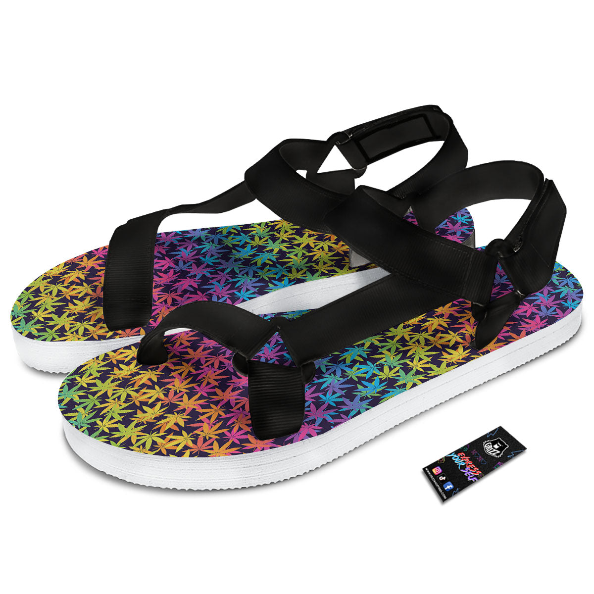 Weed Leaf Colorful Print Pattern Black Open Toe Sandals-grizzshop