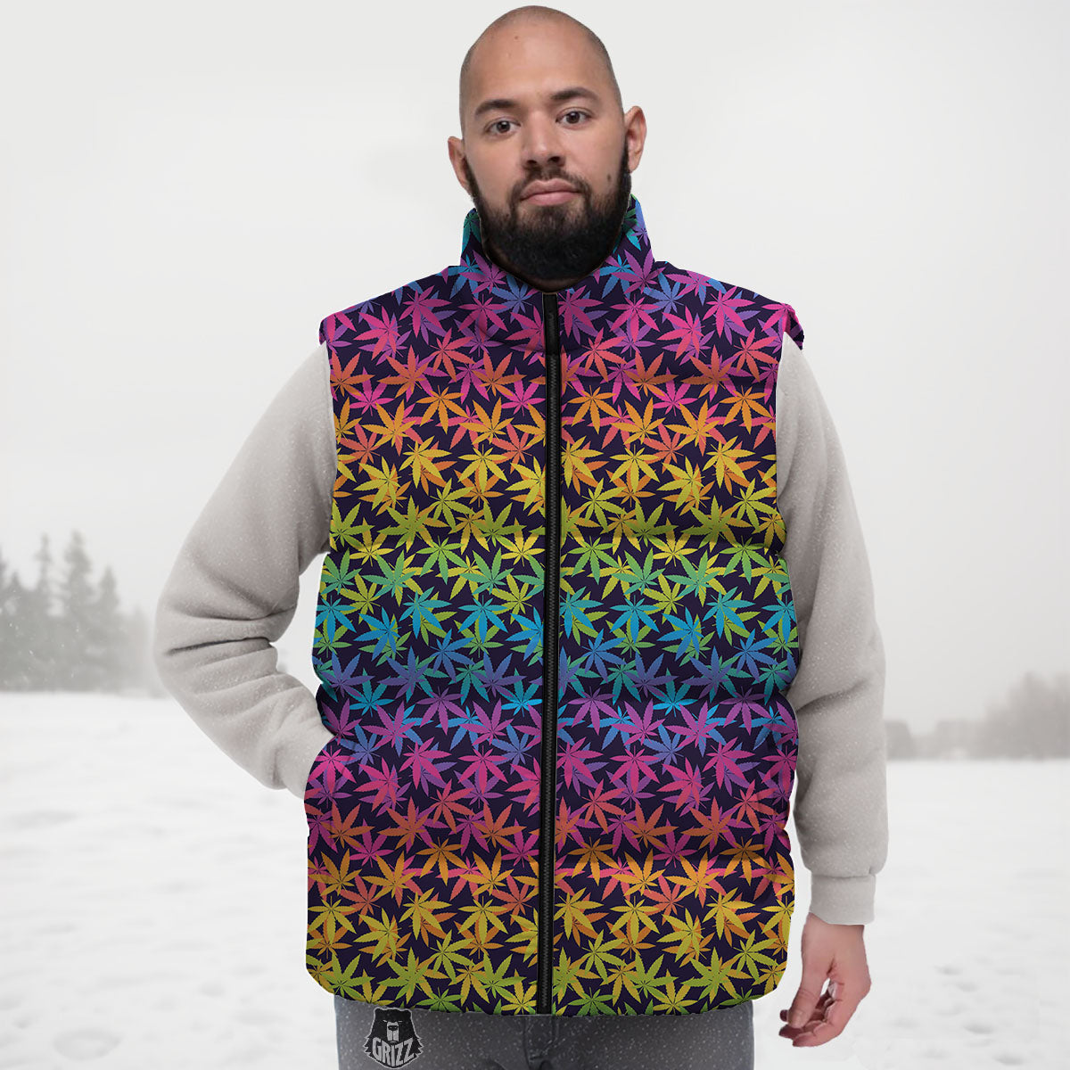 Weed Leaf Colorful Print Pattern Down Vest