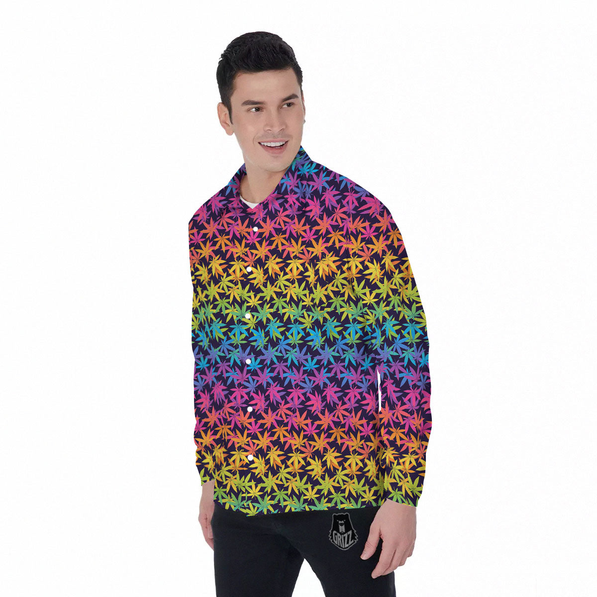 Weed Leaf Colorful Print Pattern Men's Long Sleeve Shirts-grizzshop