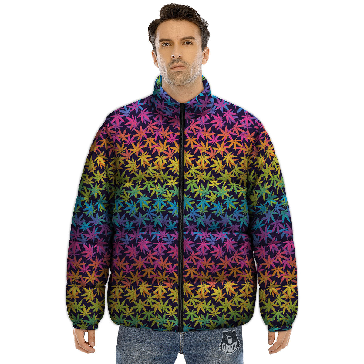 Weed Leaf Colorful Print Pattern Puffer Jacket-grizzshop