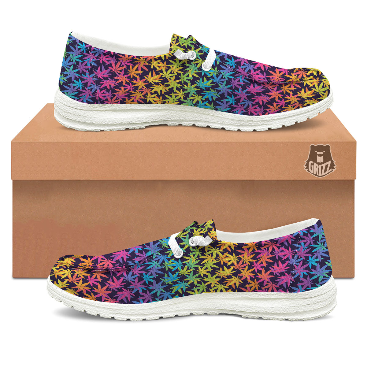 Weed Leaf Colorful Print Pattern White Loafers-grizzshop