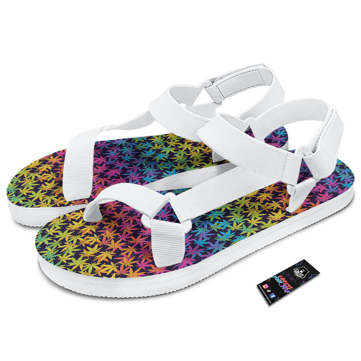 Weed Leaf Colorful Print Pattern White Open Toe Sandals-grizzshop