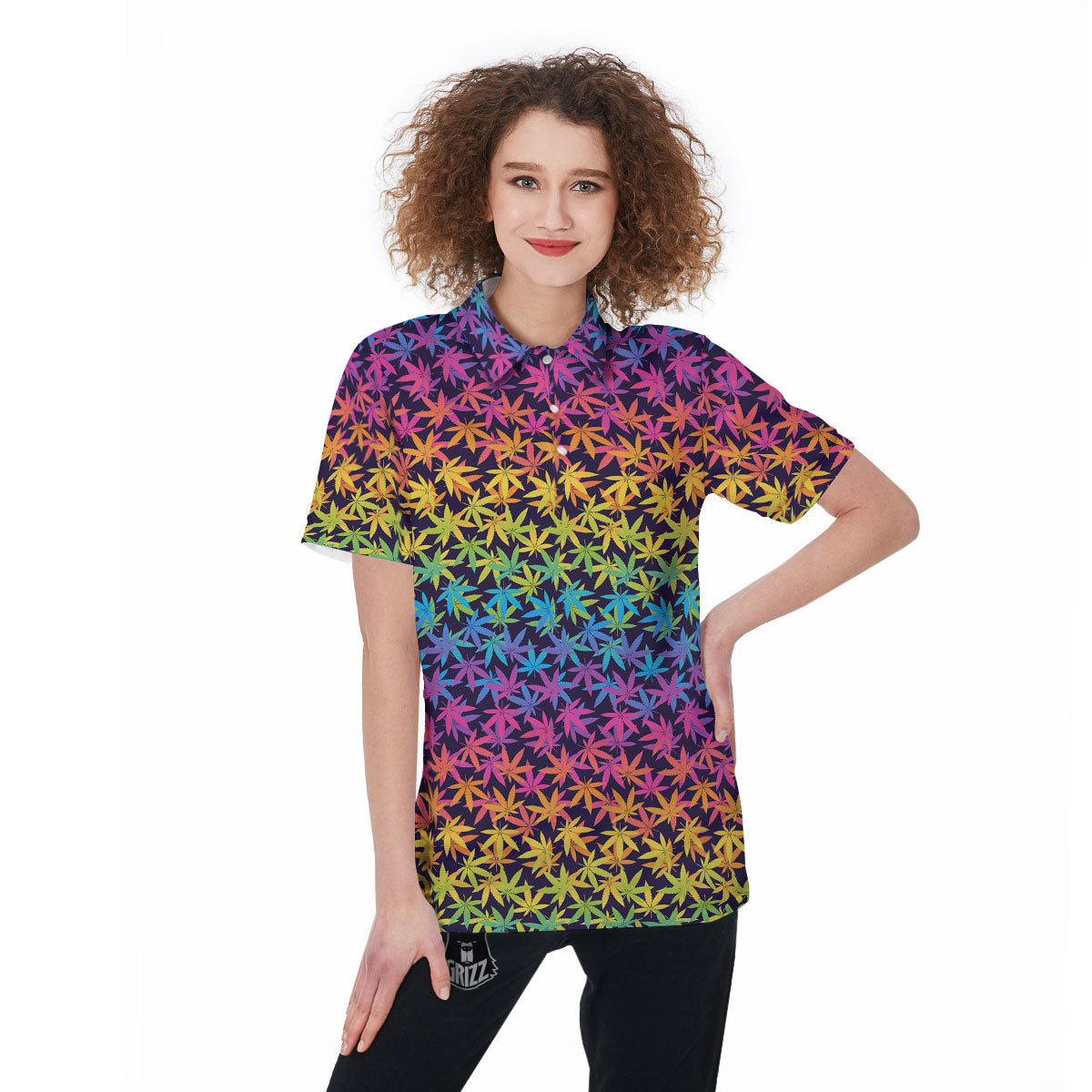 Weed Leaf Colorful Print Pattern Women's Golf Shirts-grizzshop