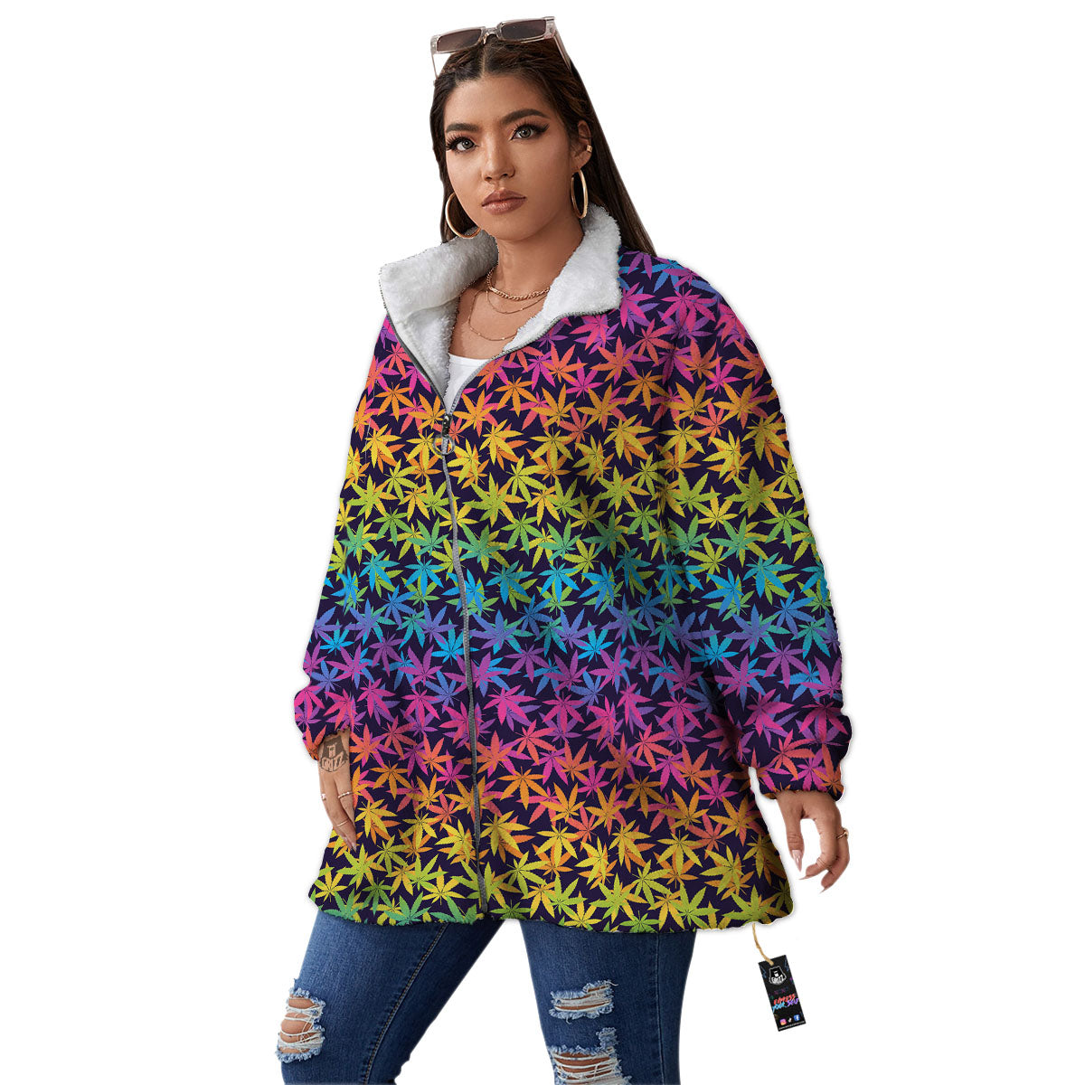 Weed Leaf Colorful Print Pattern Women's Sherpa Jacket-grizzshop