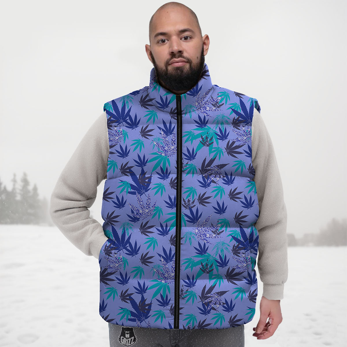 Weed Leaf Purple Print Pattern Down Vest