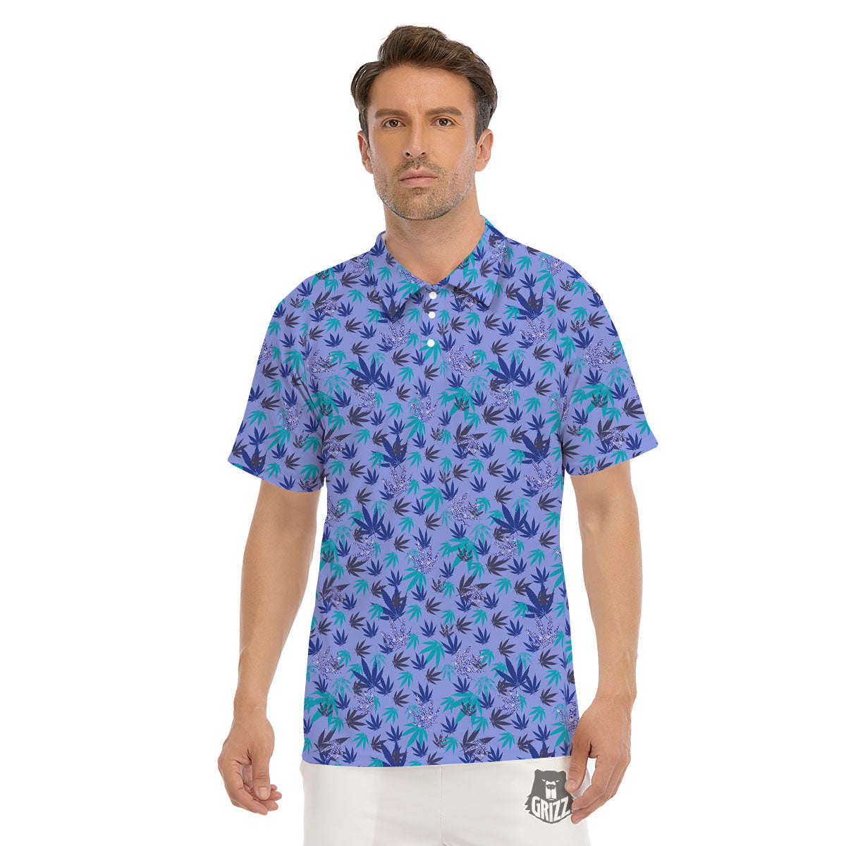 Weed Leaf Purple Print Pattern Men's Golf Shirts-grizzshop