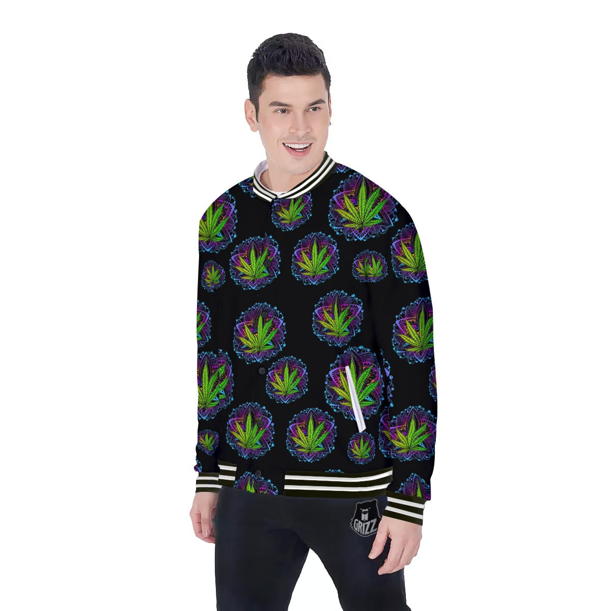 Weed Leaf Trippy Print Pattern Baseball Jacket-grizzshop