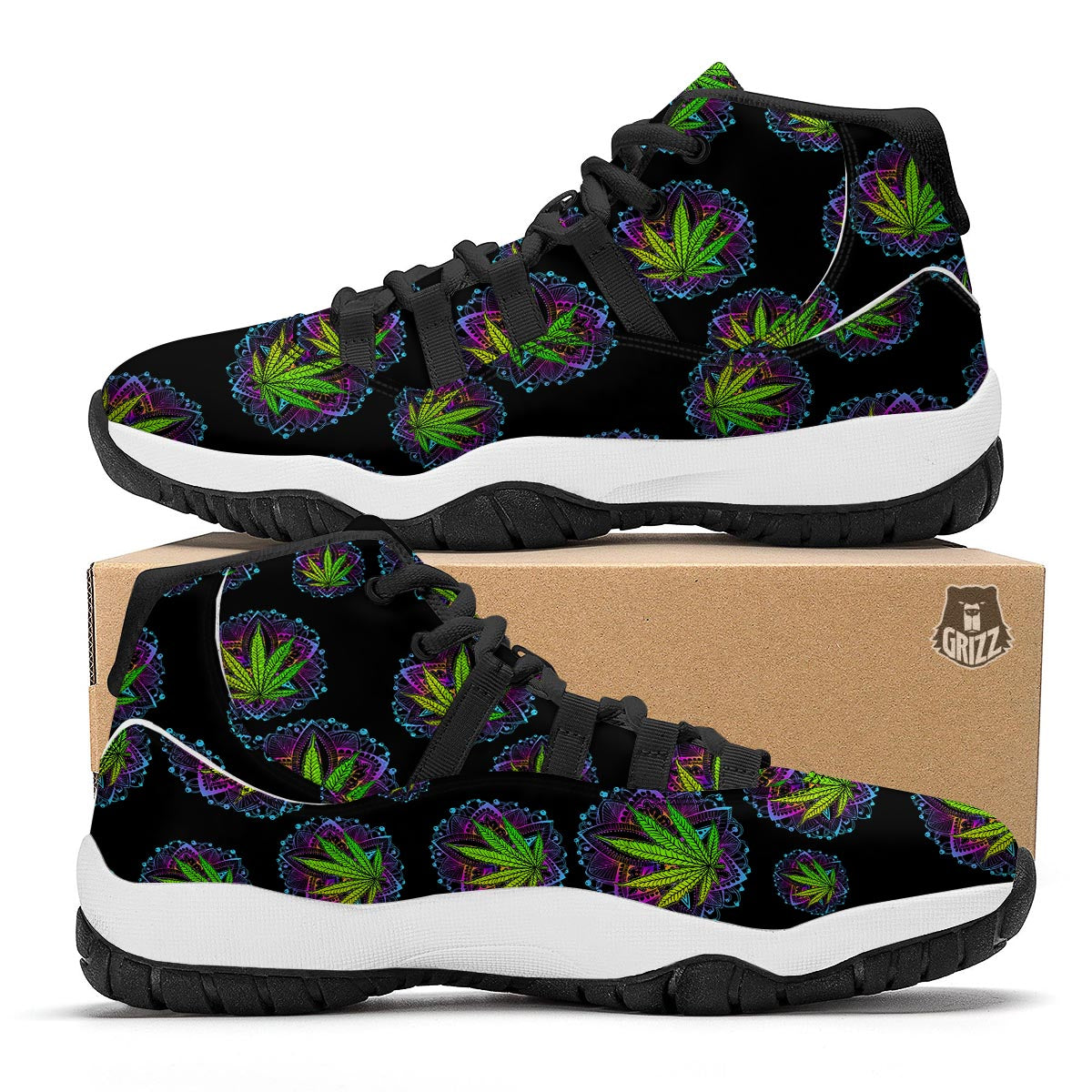 Weed Leaf Trippy Print Pattern Black Bball Shoes-grizzshop