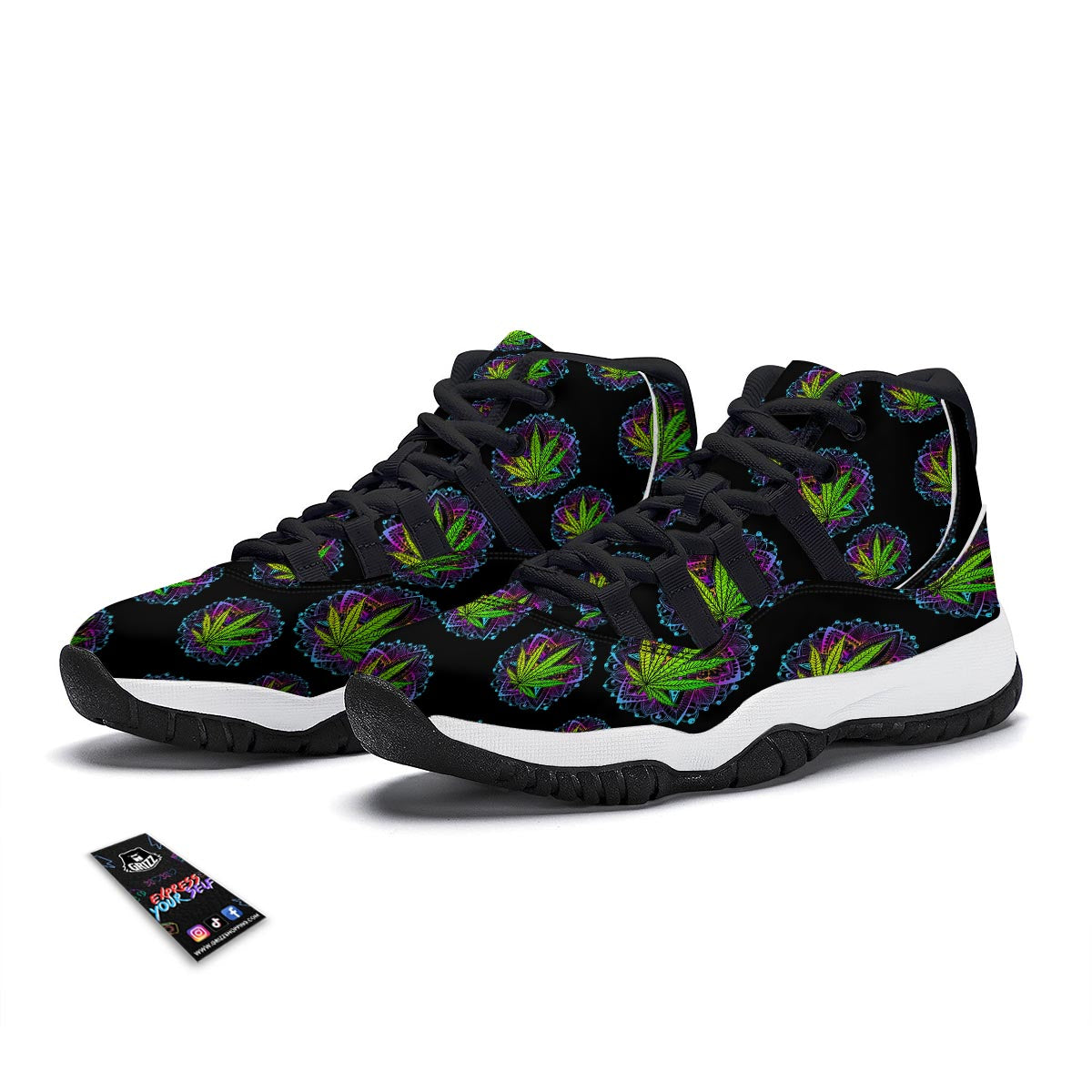 Weed Leaf Trippy Print Pattern Black Bball Shoes-grizzshop