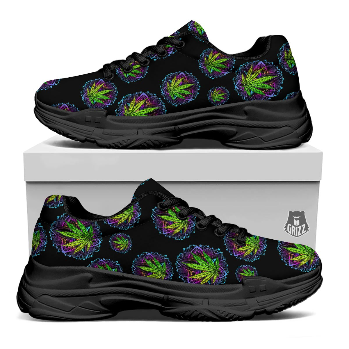 Weed Leaf Trippy Print Pattern Black Chunky Shoes-grizzshop