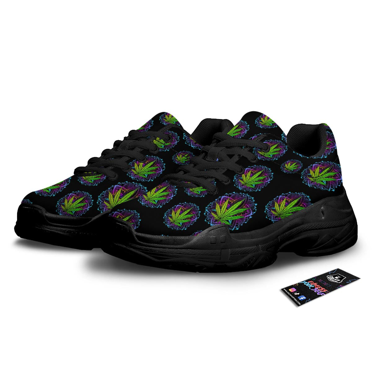 Weed Leaf Trippy Print Pattern Black Chunky Shoes-grizzshop