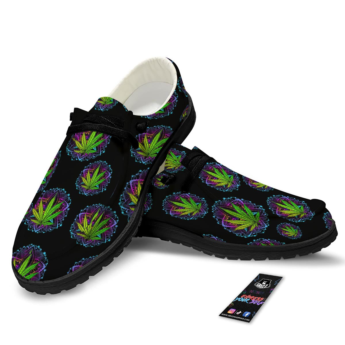 Weed Leaf Trippy Print Pattern Black Loafers-grizzshop