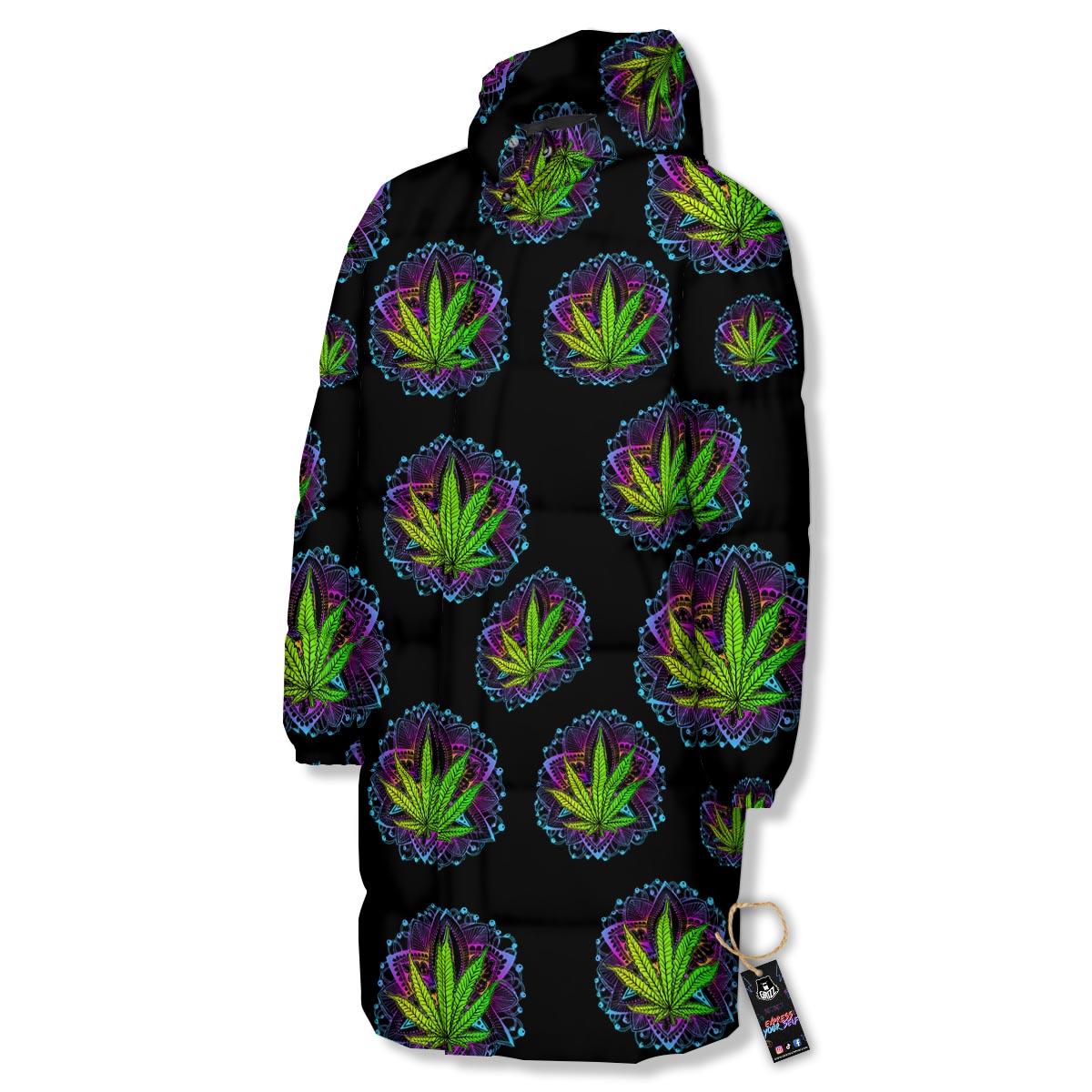Weed Leaf Trippy Print Pattern Long Down Jacket-grizzshop