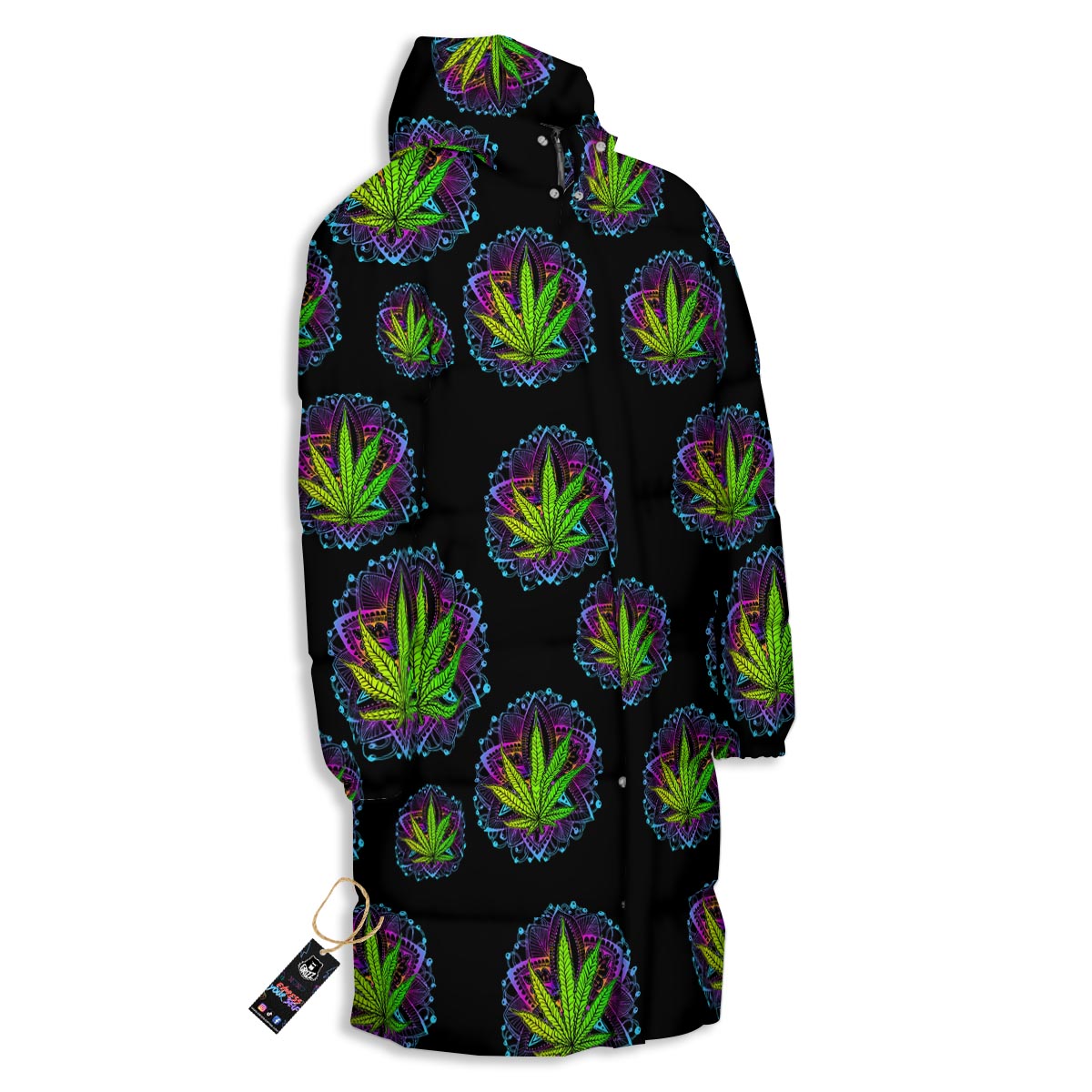 Weed Leaf Trippy Print Pattern Long Down Jacket-grizzshop