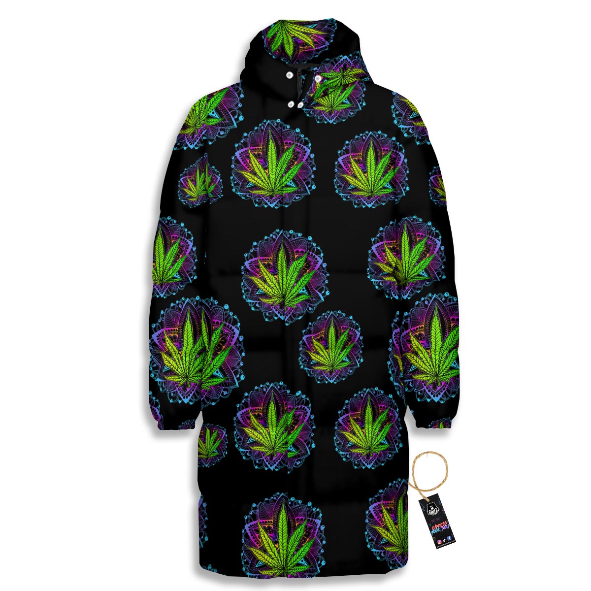 Weed Leaf Trippy Print Pattern Long Down Jacket-grizzshop