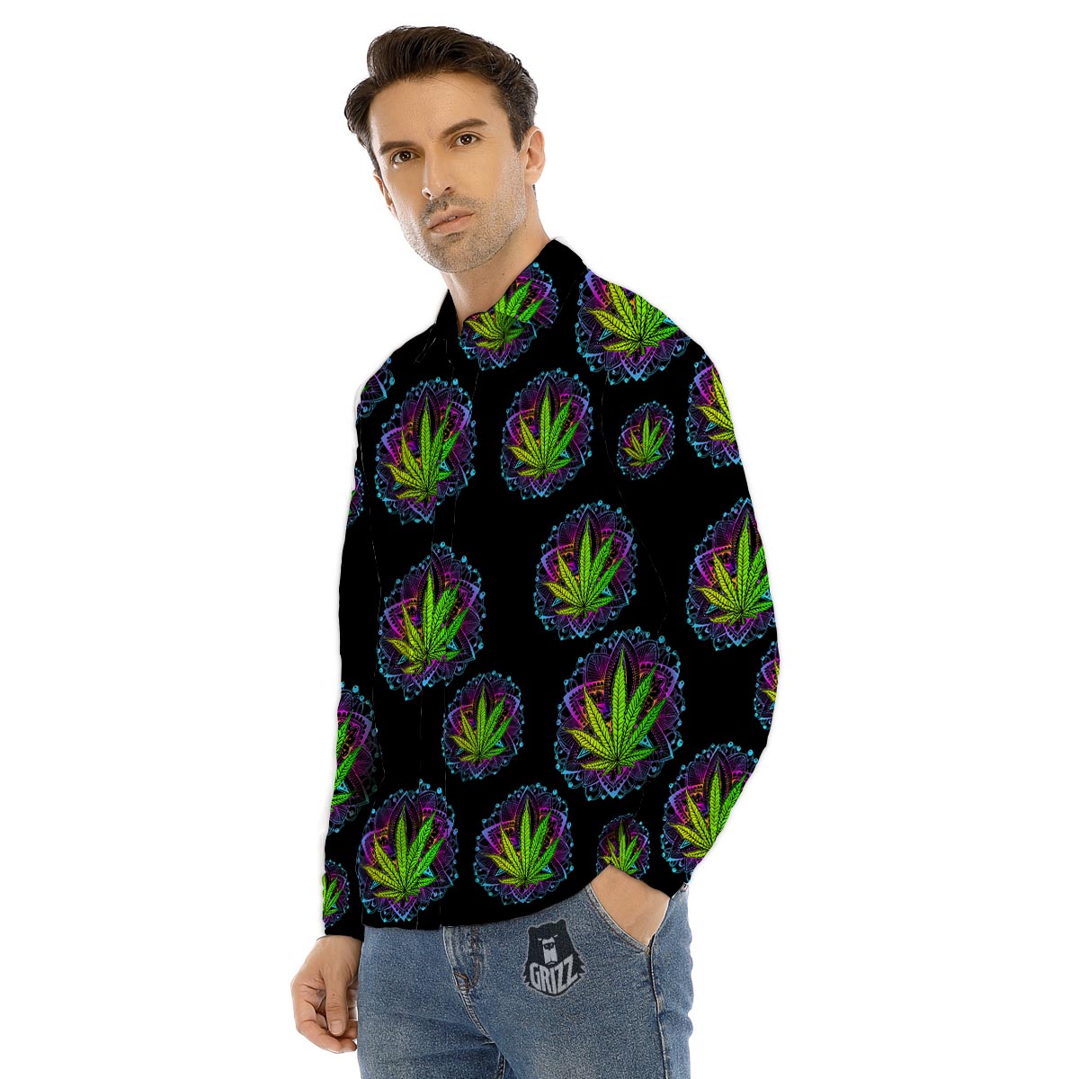 Weed Leaf Trippy Print Pattern Men's Dress Shirts-grizzshop