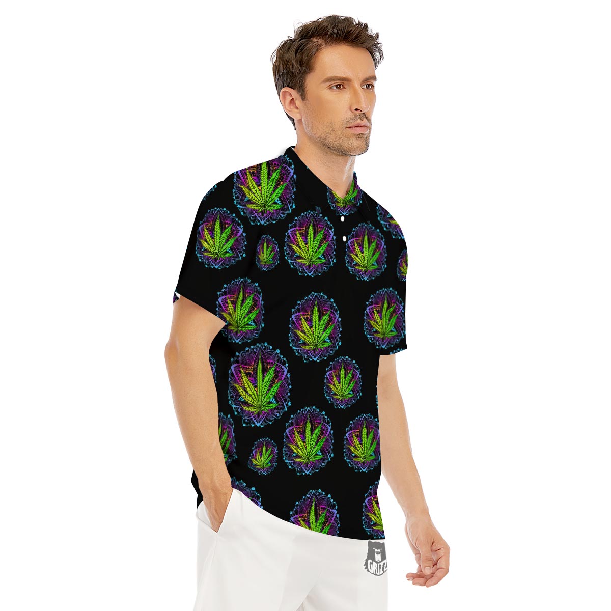 Weed Leaf Trippy Print Pattern Men's Golf Shirts-grizzshop