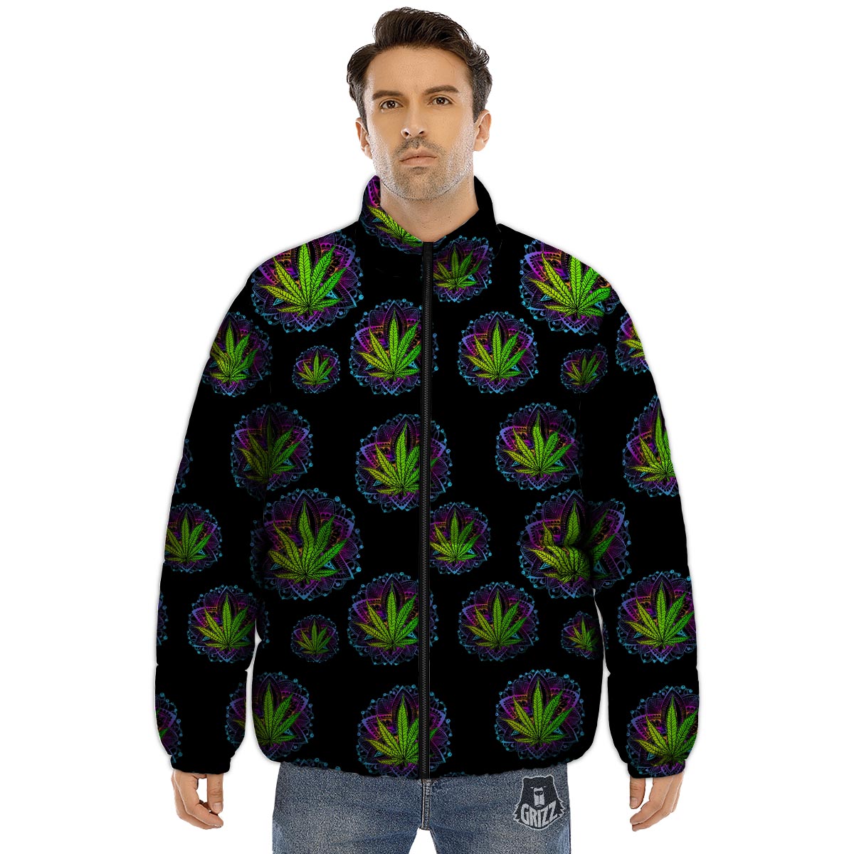 Weed Leaf Trippy Print Pattern Puffer Jacket-grizzshop