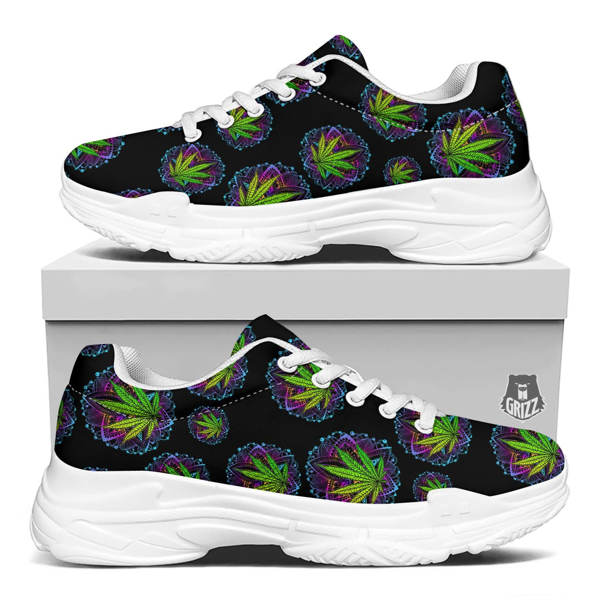 Weed Leaf Trippy Print Pattern White Chunky Shoes-grizzshop
