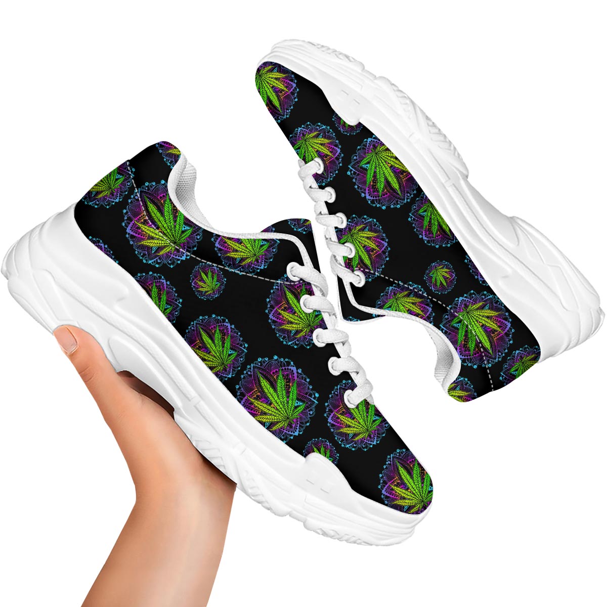 Weed Leaf Trippy Print Pattern White Chunky Shoes-grizzshop