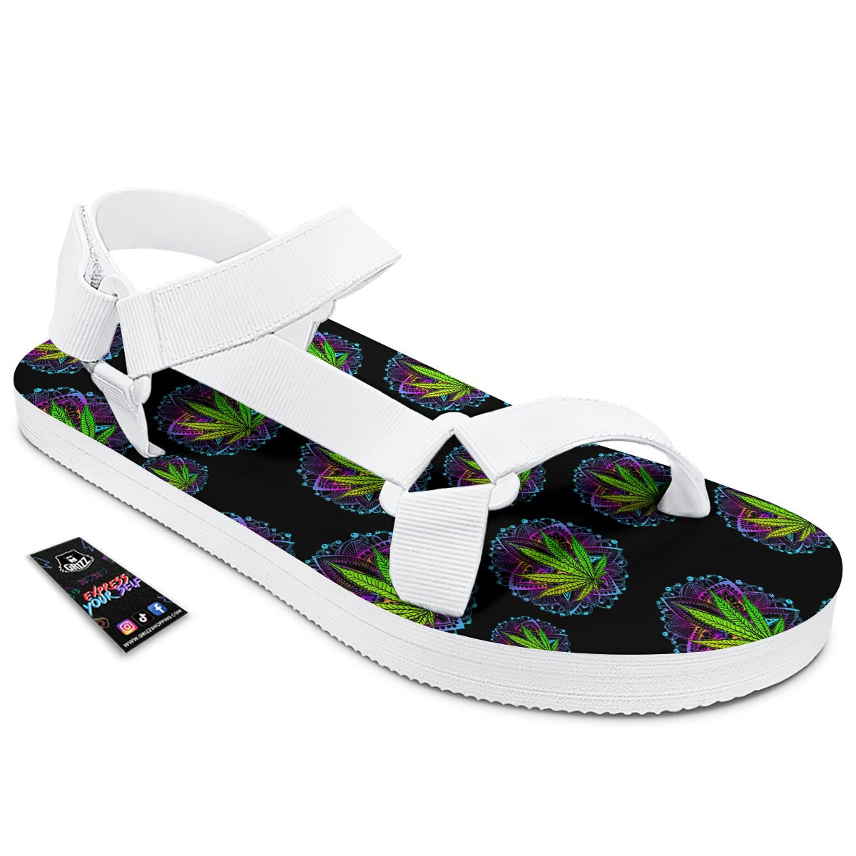 Weed Leaf Trippy Print Pattern White Open Toe Sandals-grizzshop