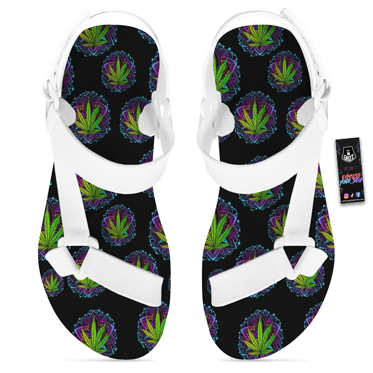 Weed Leaf Trippy Print Pattern White Open Toe Sandals-grizzshop