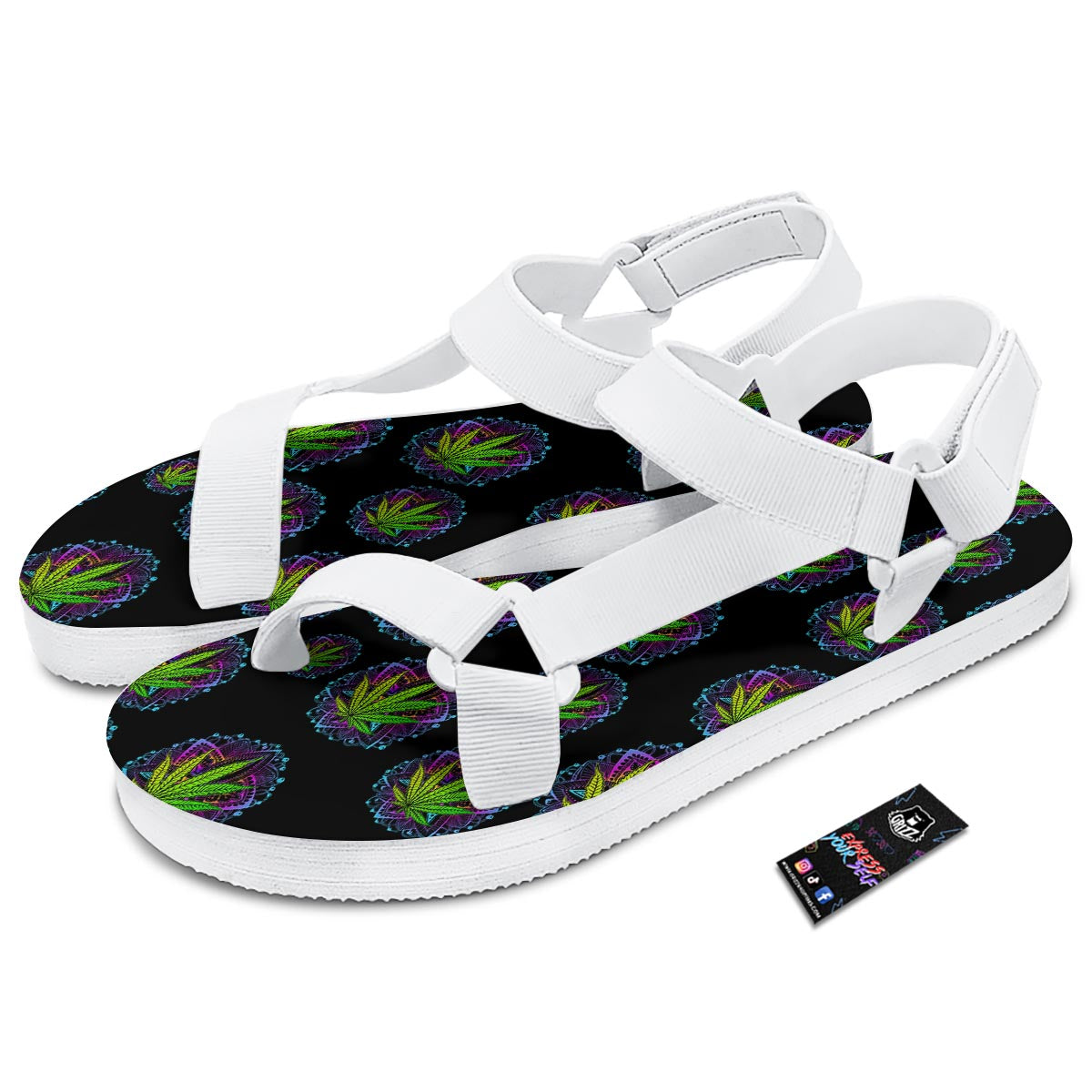 Weed Leaf Trippy Print Pattern White Open Toe Sandals-grizzshop