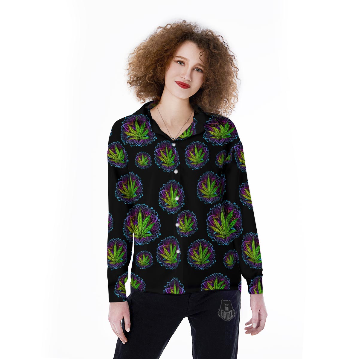 Weed Leaf Trippy Print Pattern Women's Long Sleeve Shirts-grizzshop