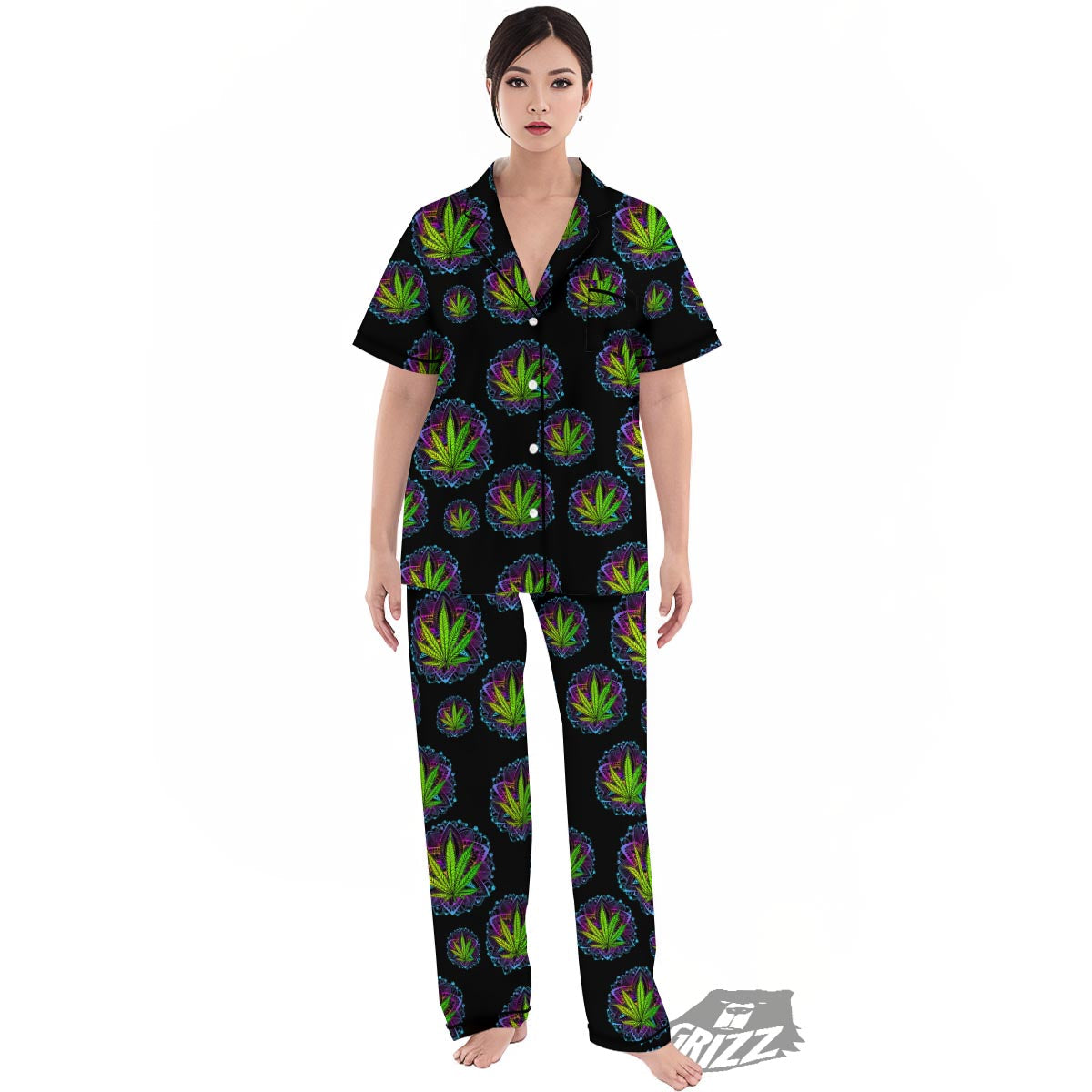 Weed Leaf Trippy Print Pattern Women's Pajamas Set-grizzshop