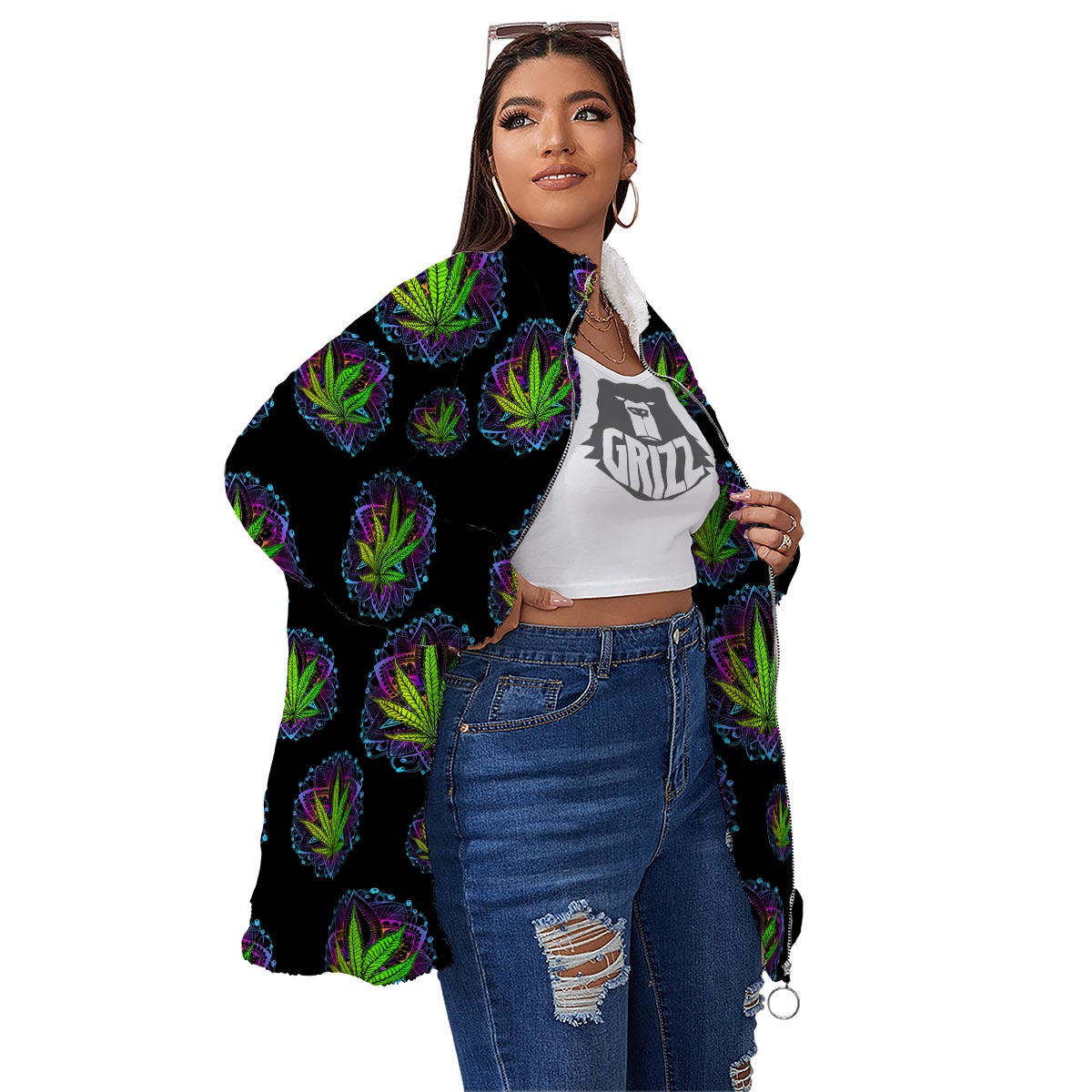 Weed Leaf Trippy Print Pattern Women's Sherpa Jacket-grizzshop