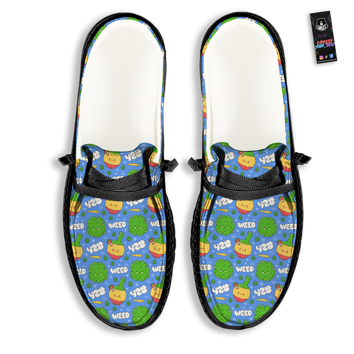 Weed Marijuana Cartoon Print Pattern Black Loafers-grizzshop