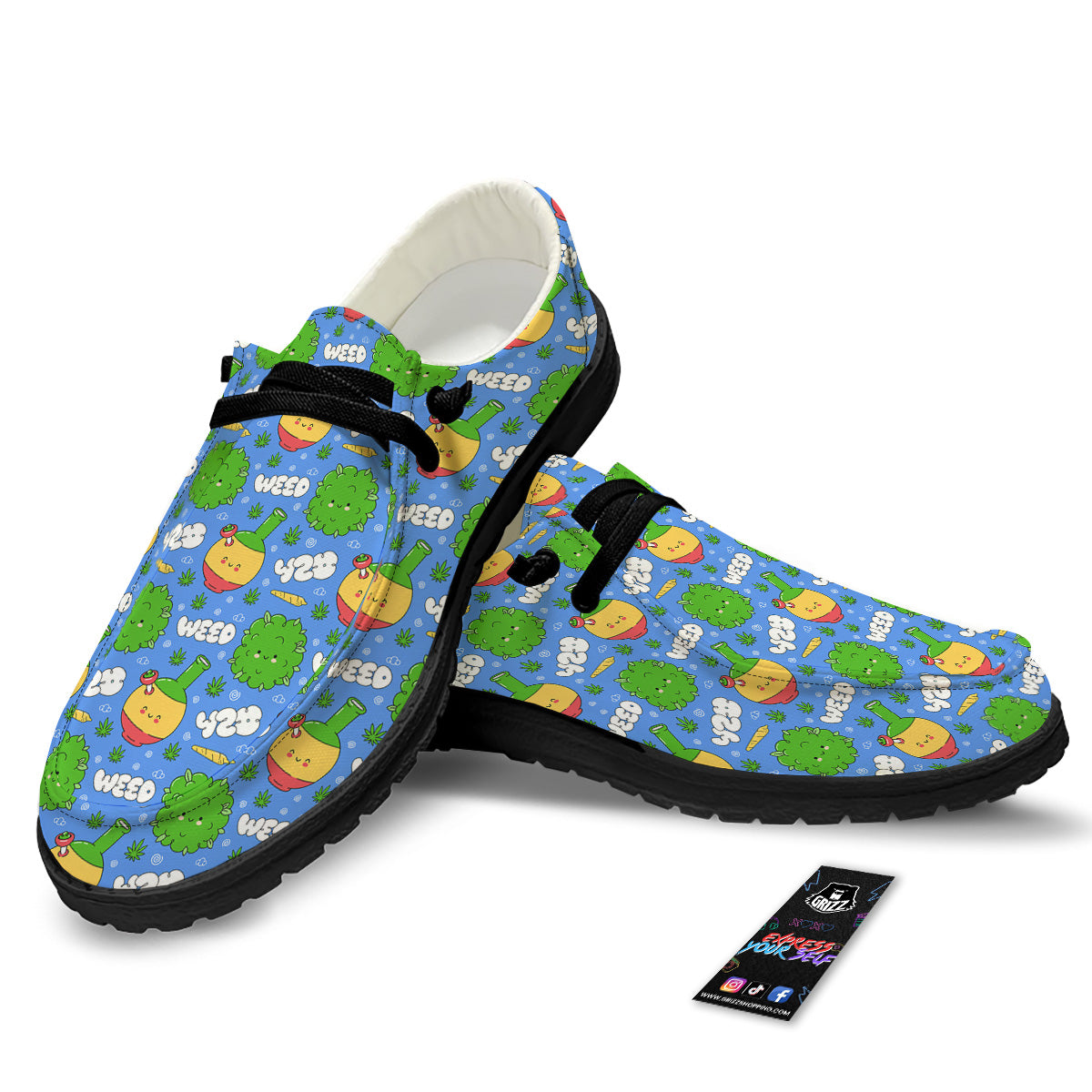 Weed Marijuana Cartoon Print Pattern Black Loafers-grizzshop