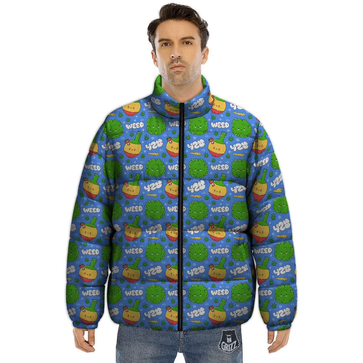 Weed Marijuana Cartoon Print Pattern Puffer Jacket-grizzshop