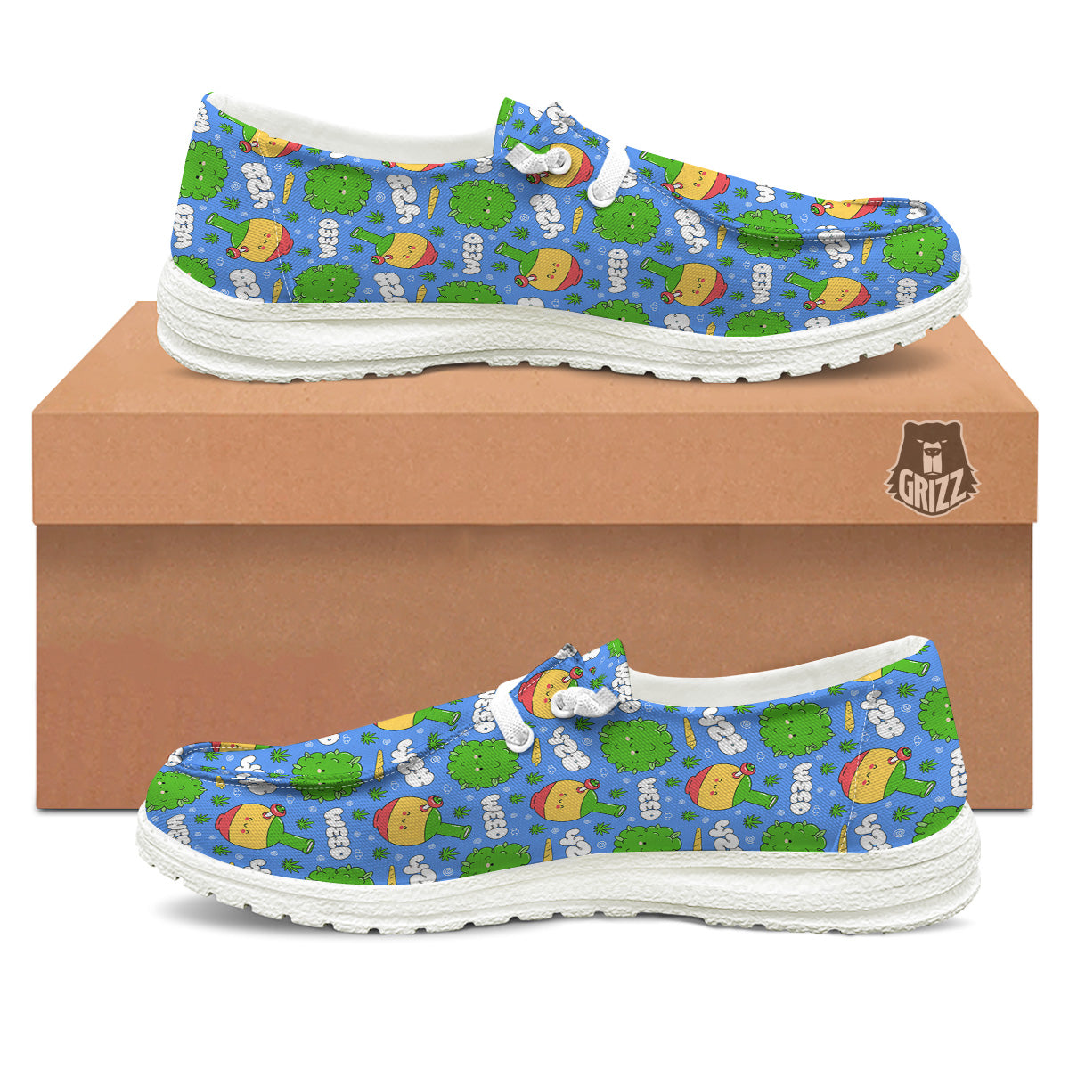 Weed Marijuana Cartoon Print Pattern White Loafers-grizzshop