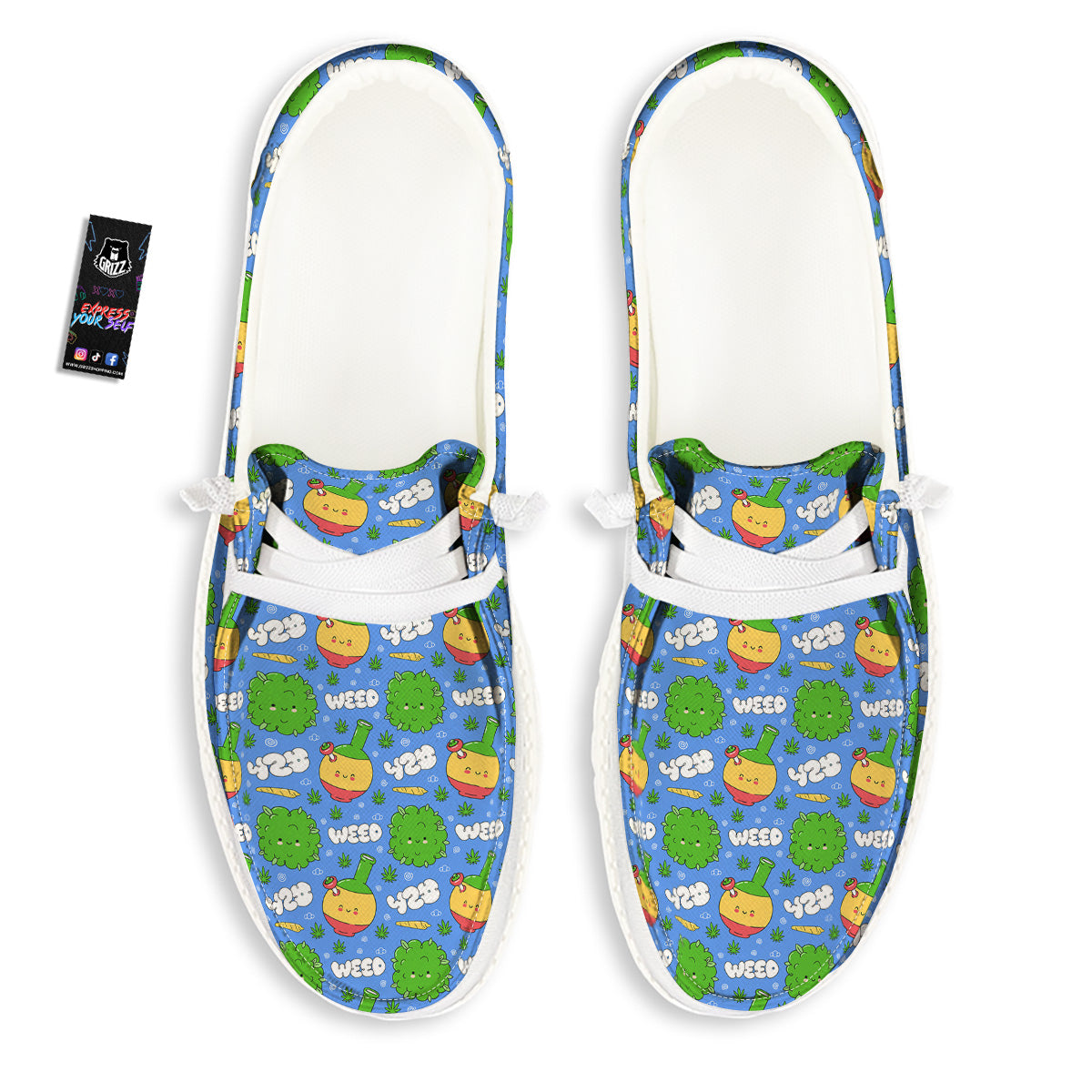 Weed Marijuana Cartoon Print Pattern White Loafers-grizzshop
