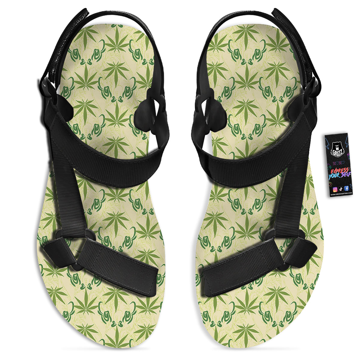 Weed Zigzag Print Pattern Black Open Toe Sandals-grizzshop