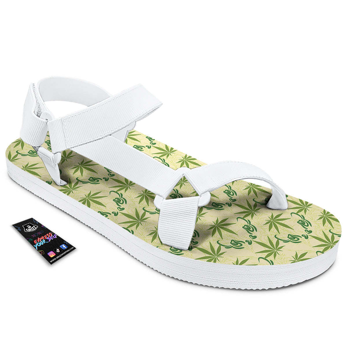 Weed Zigzag Print Pattern White Open Toe Sandals-grizzshop