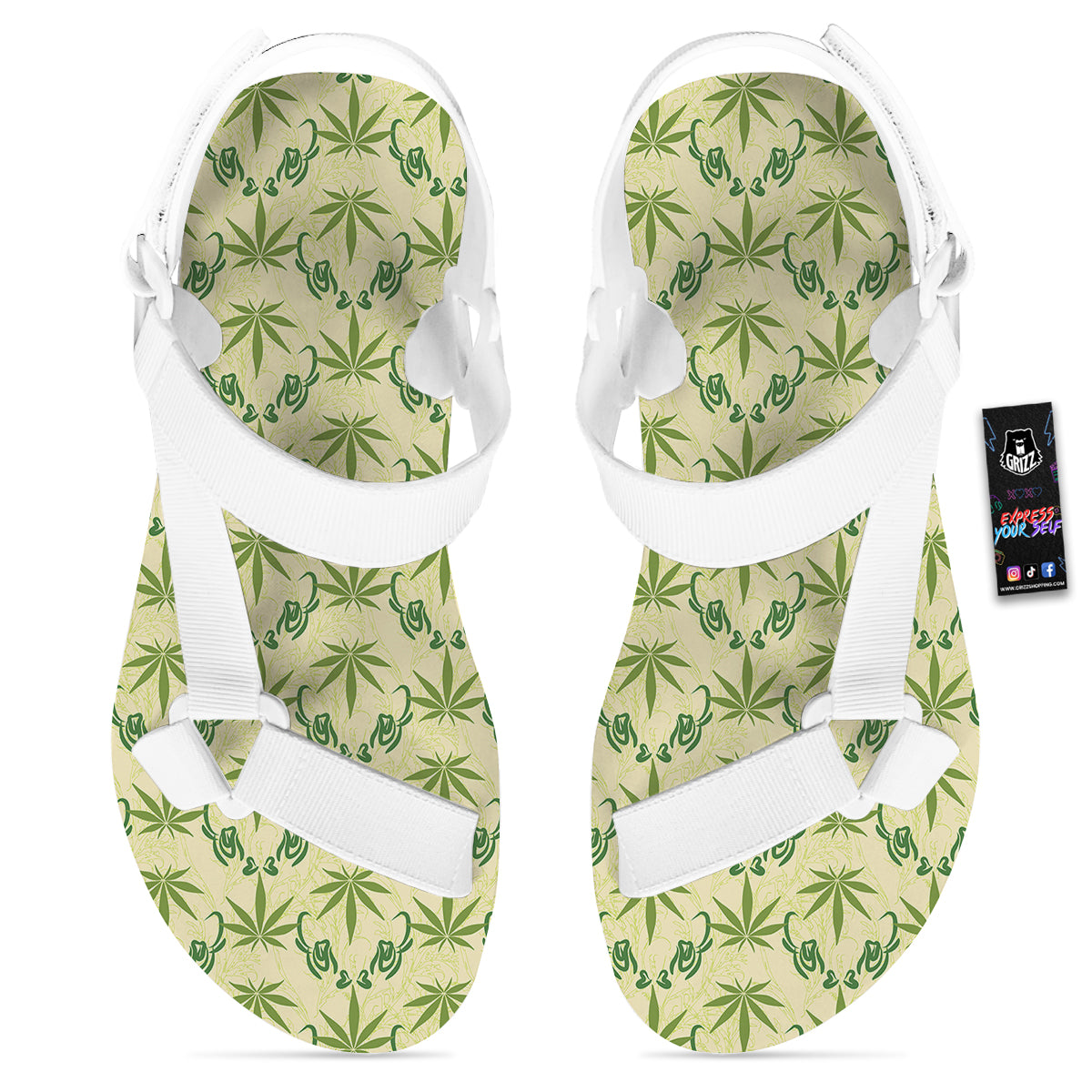 Weed Zigzag Print Pattern White Open Toe Sandals-grizzshop