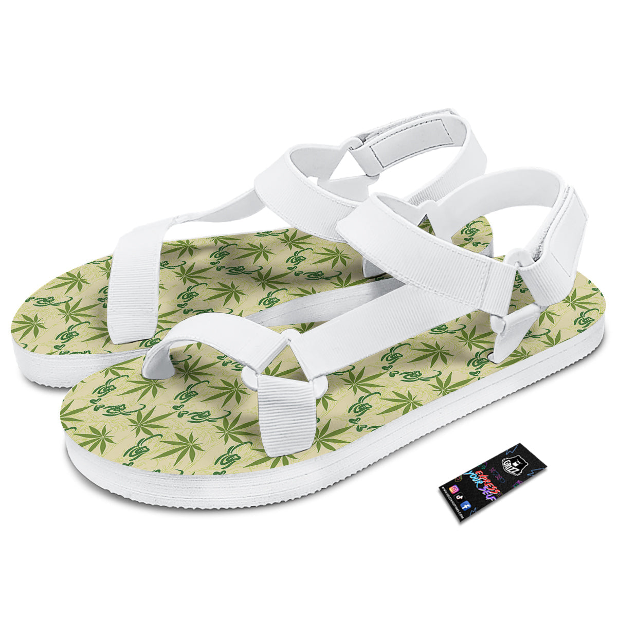 Weed Zigzag Print Pattern White Open Toe Sandals-grizzshop