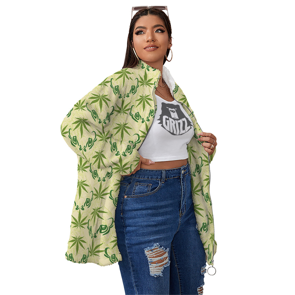 Weed Zigzag Print Pattern Women's Sherpa Jacket-grizzshop