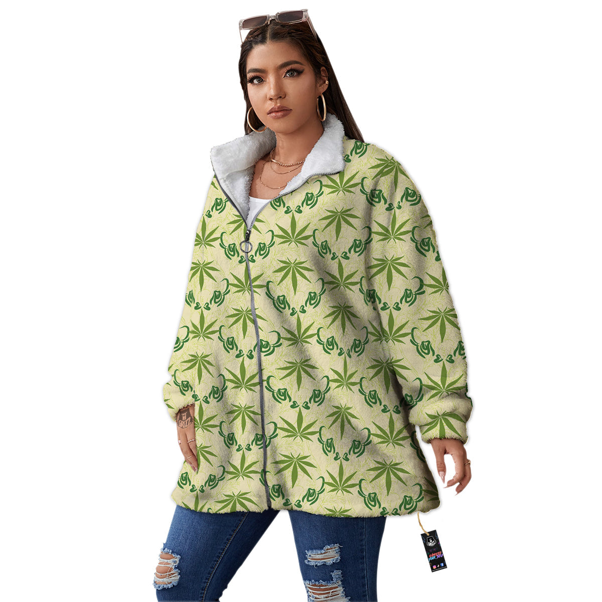 Weed Zigzag Print Pattern Women's Sherpa Jacket-grizzshop
