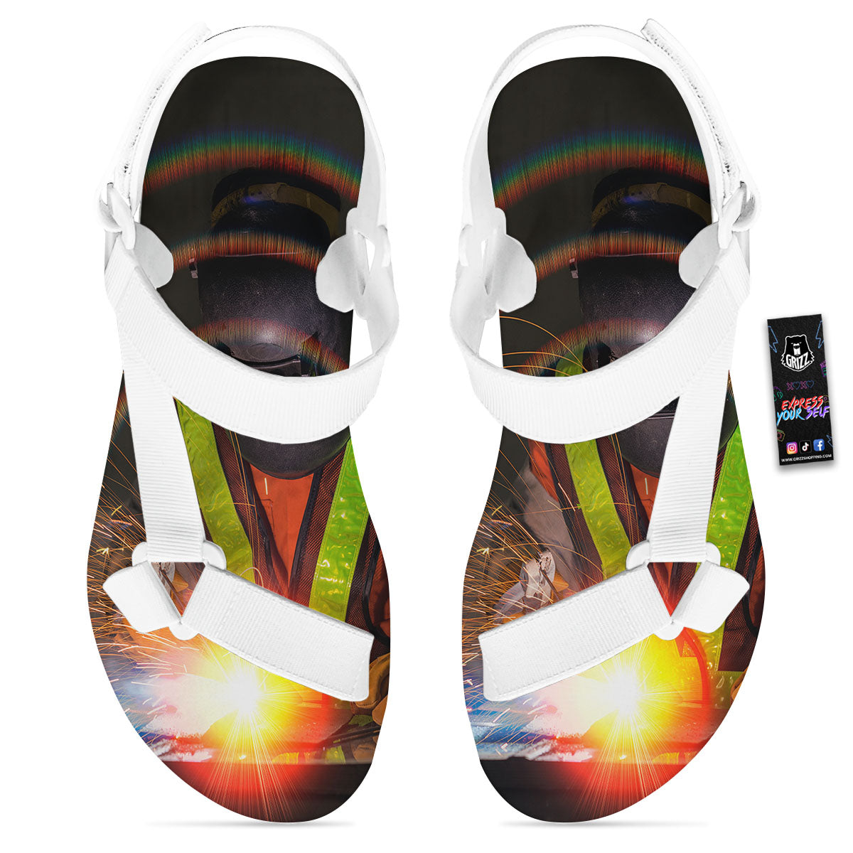 Welder Industrial Print White Open Toe Sandals-grizzshop