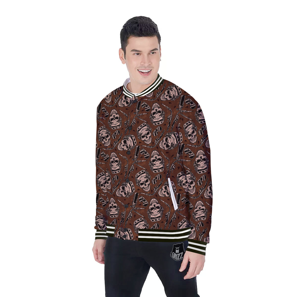 Welder Skull Print Pattern Baseball Jacket-grizzshop